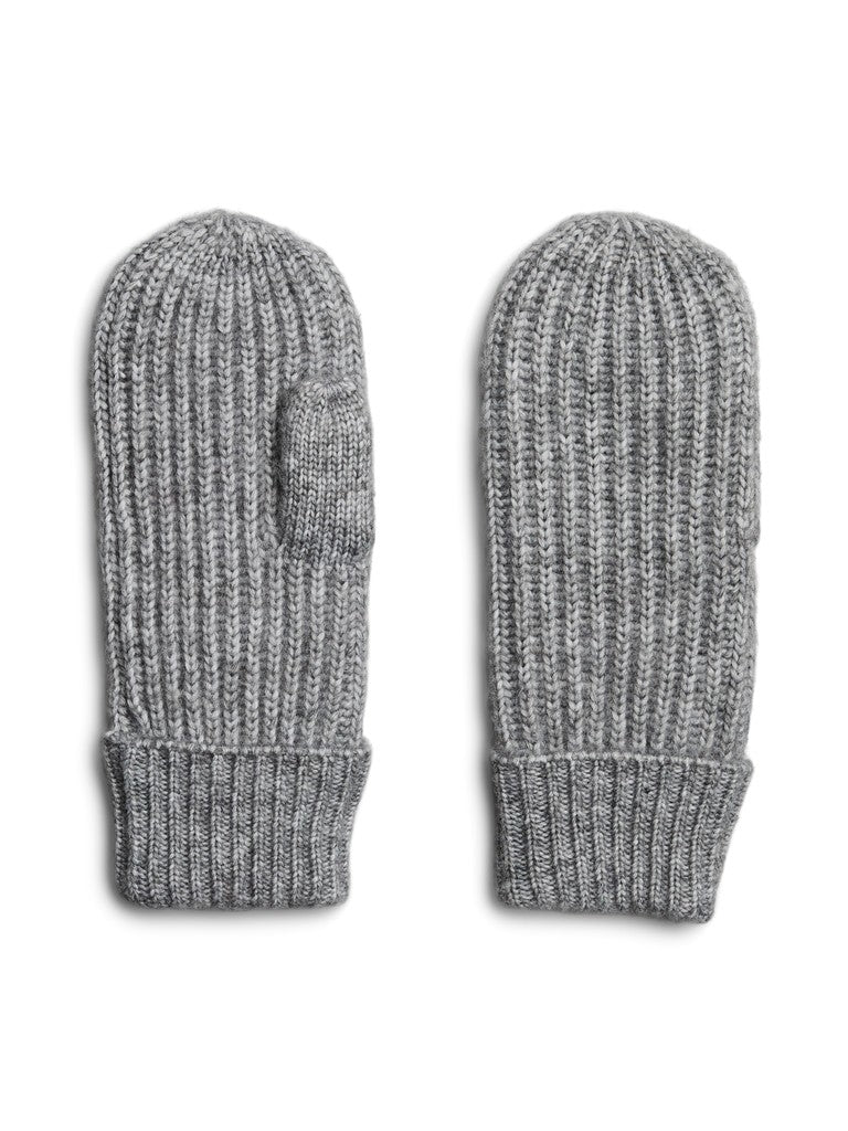 A pair of gray ribbed knit mittens shown flat against a white background, with one mitten displaying a small side pocket.