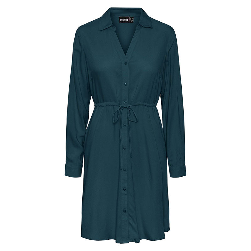 Pieces Nova tie dress with long sleeves and shirt collar in Teal