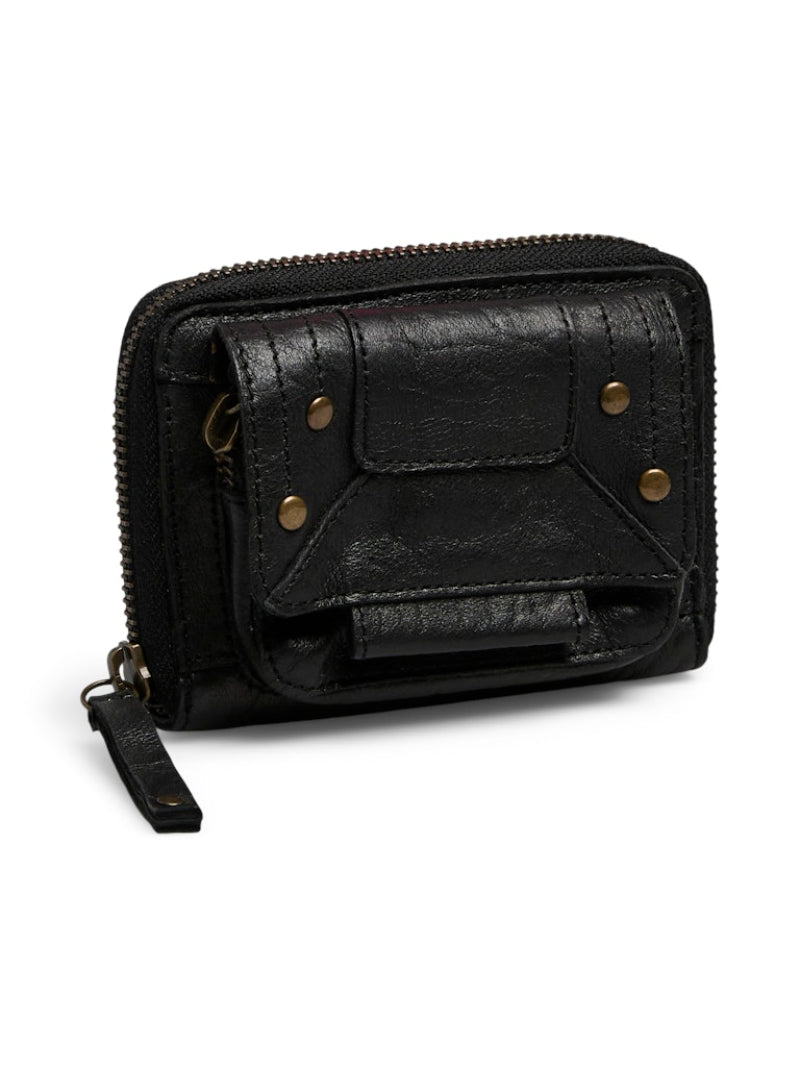 Black leather wallet with gold accents on a white background