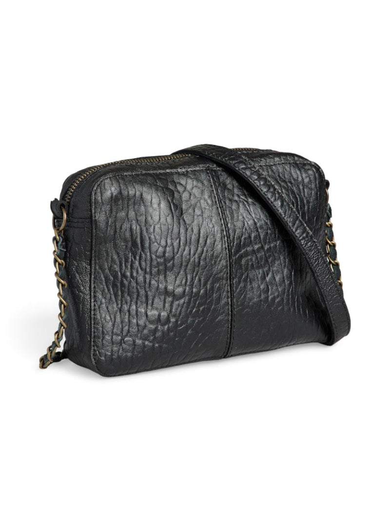 Black textured handbag with a chain detail on a white background