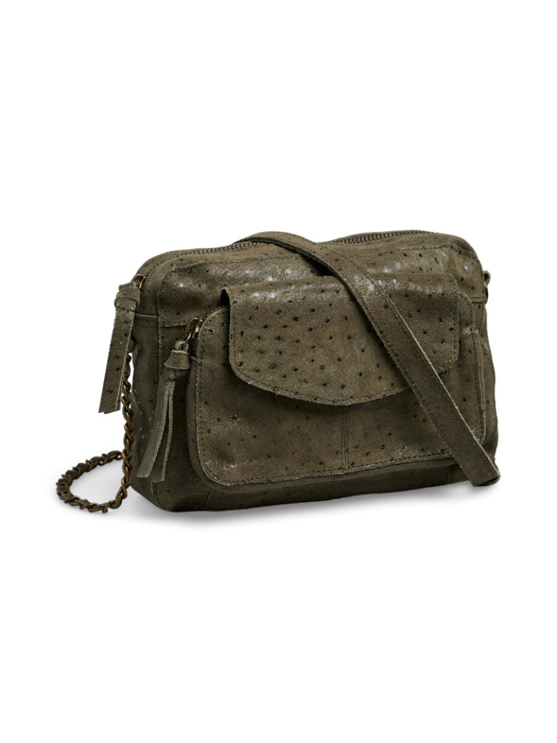 Green leather handbag with a chain detail on a white background