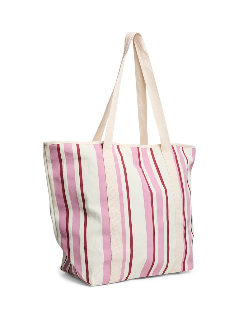Striped tote bag with pink and white stripes on a white background