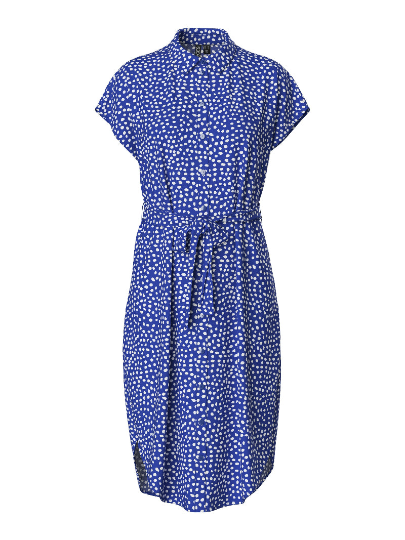 Pieces shirt dress with blue background and white spots