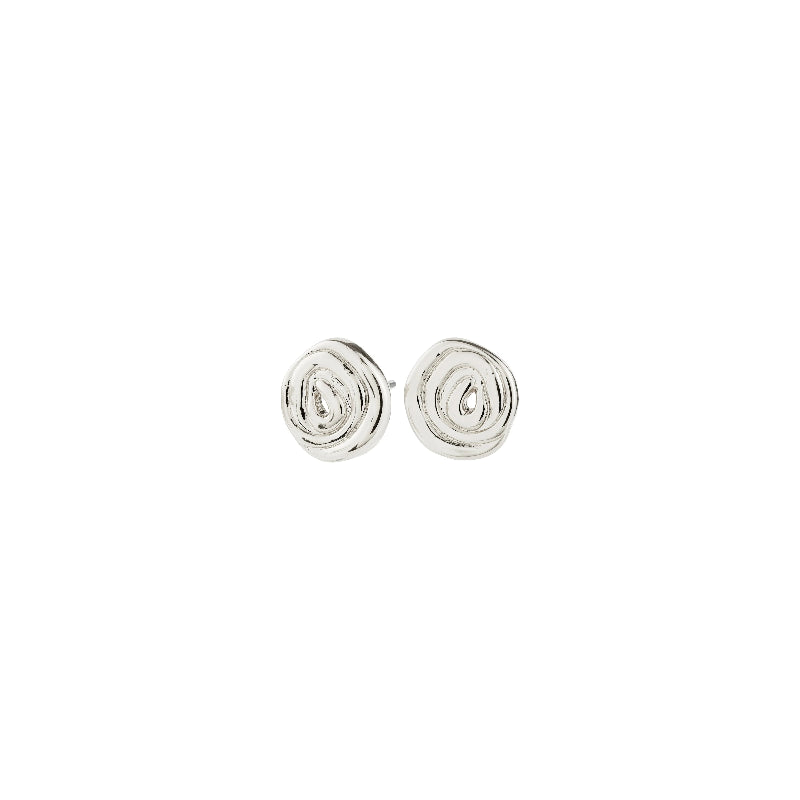 Pair of silver spiral earrings on a white background