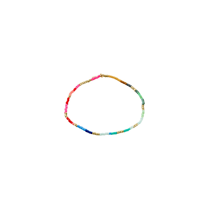 Multicolored beaded necklace on a white background
