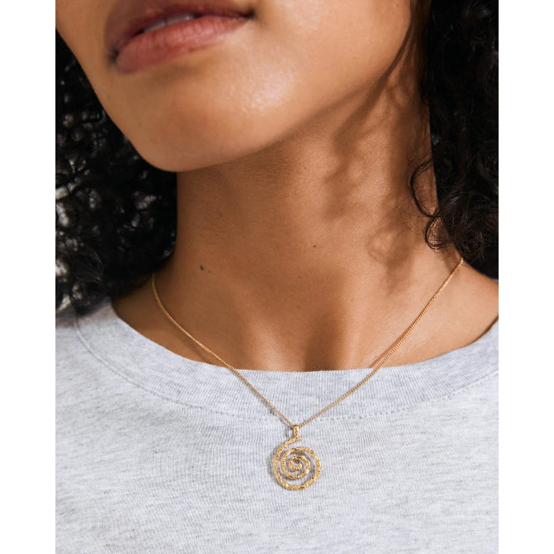 Close-up of a person wearing a gold necklace with a circular pendant.