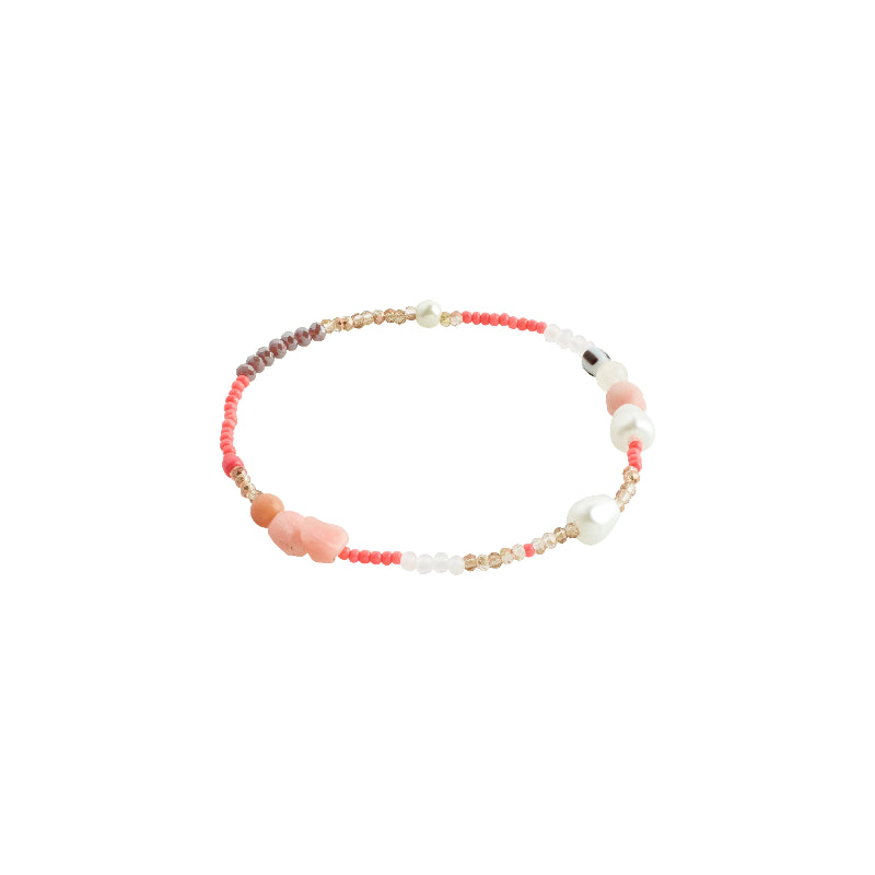 Beaded bracelet with pink, white, and gold beads on a white background