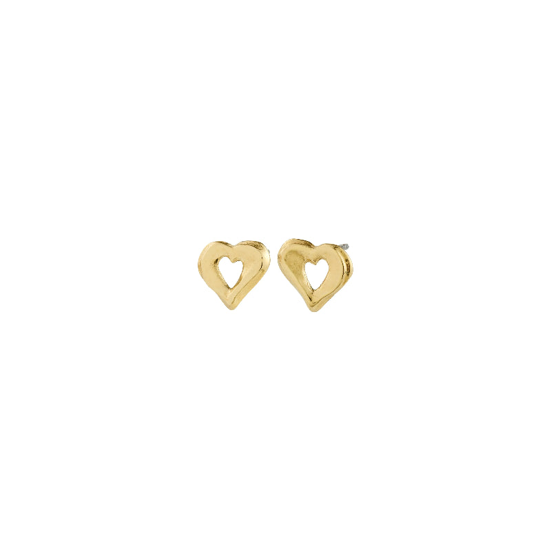 Gold heart-shaped earrings on a white background