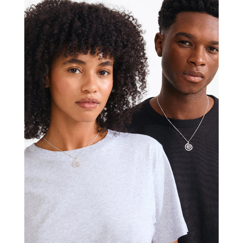 Two people wearing necklaces on a white background