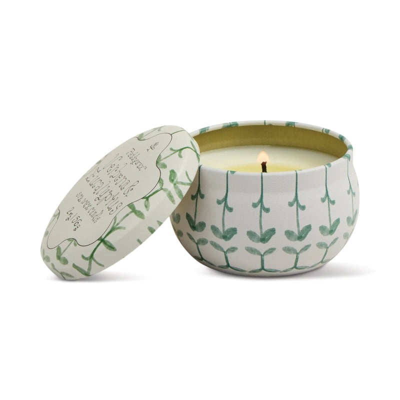 Tulip Printed Tin Candle - Verbena & Lemongrass 2oz/56g with flame on white background