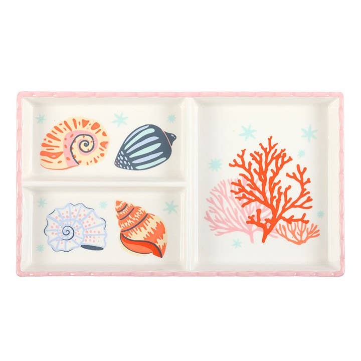 Divided plate with seashell and coral designs on a white background