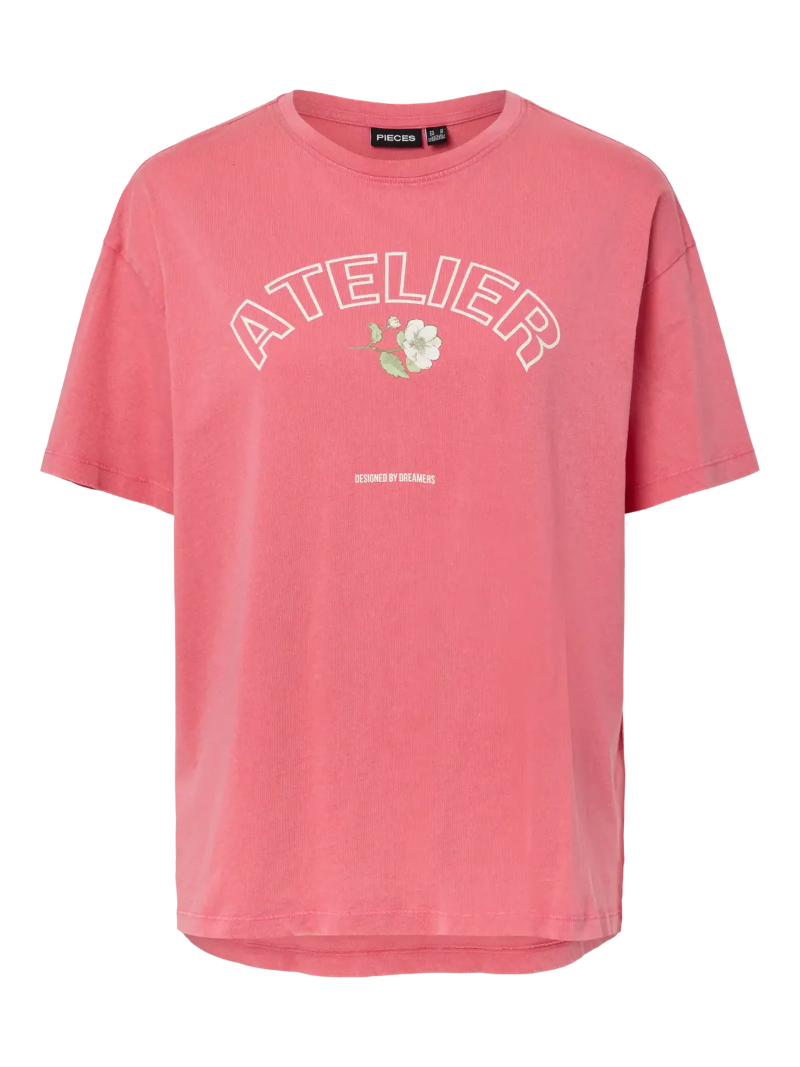 Pink t-shirt with 'ATELIER' and floral design on a white background