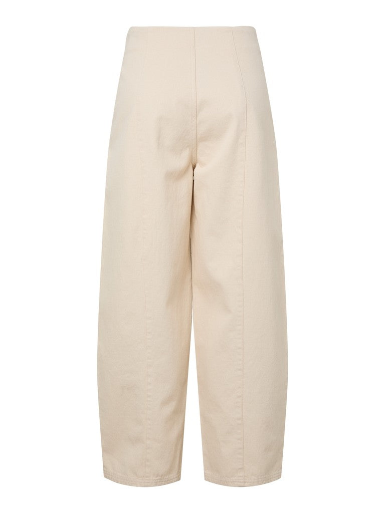 A pair of high-waisted, wide-leg cropped pants in a light cream or beige color, shown from the back on a plain white background.
