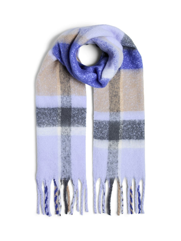 A soft plaid scarf with fringed ends, featuring a color-blocked pattern in lavender, light blue, beige, gray, and white, displayed on a clean white background.