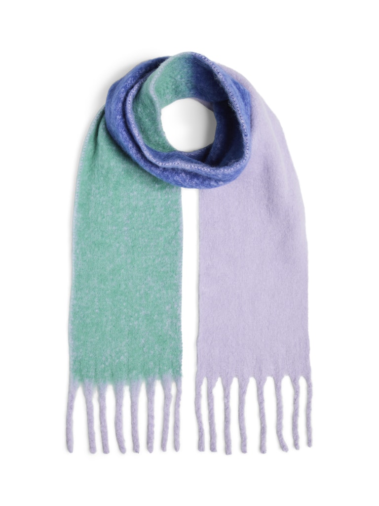 Multicolored scarf with green, blue, and purple sections on a white background