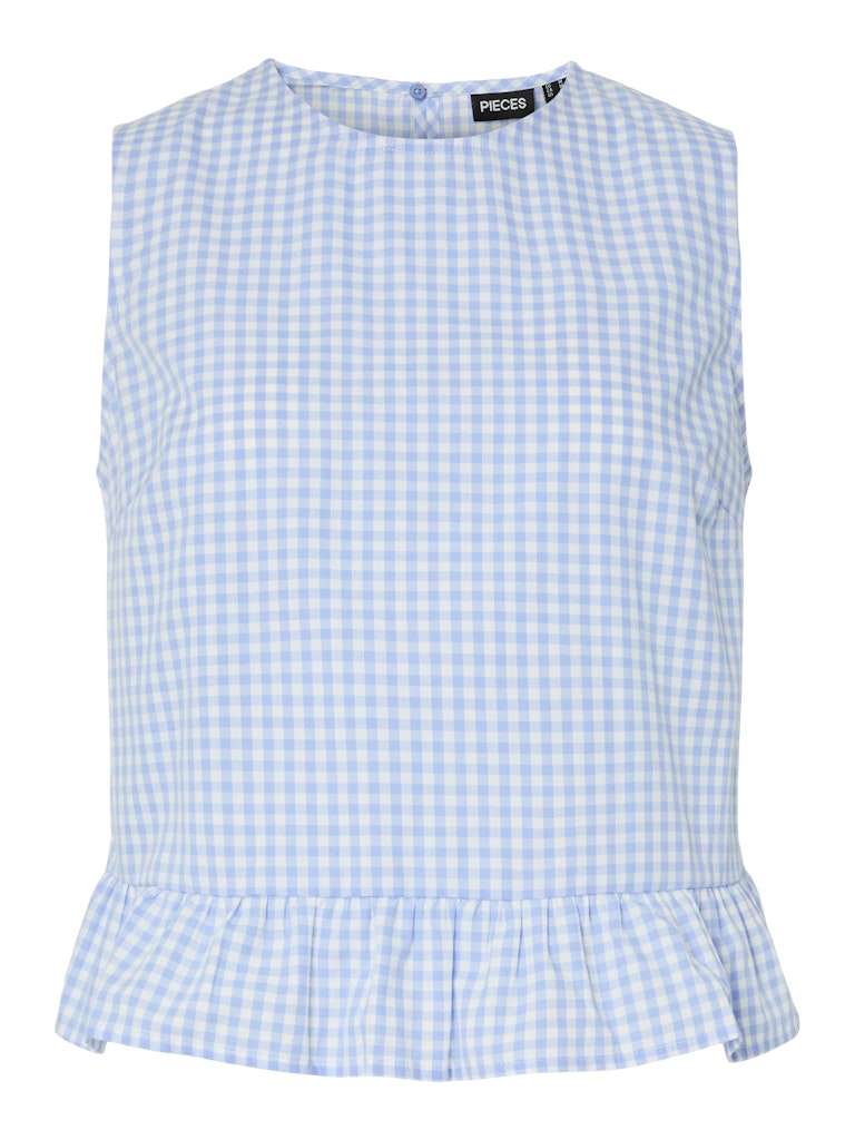Blue and white checkered sleeveless top with ruffled hem on a white background