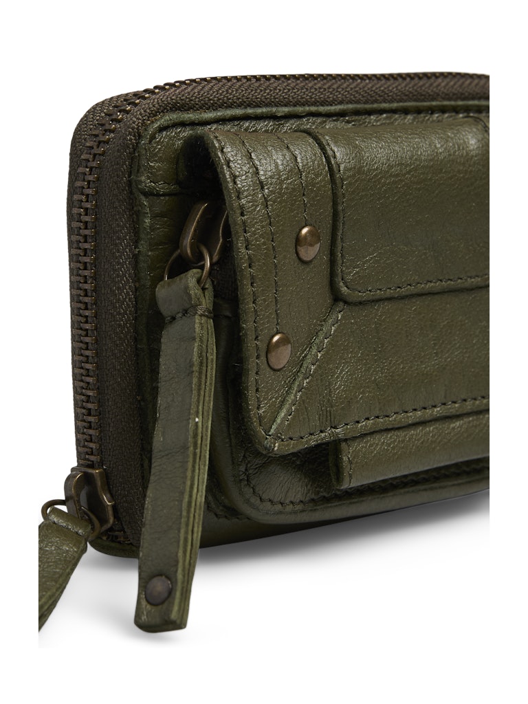 Green leather wallet with strap on a white background