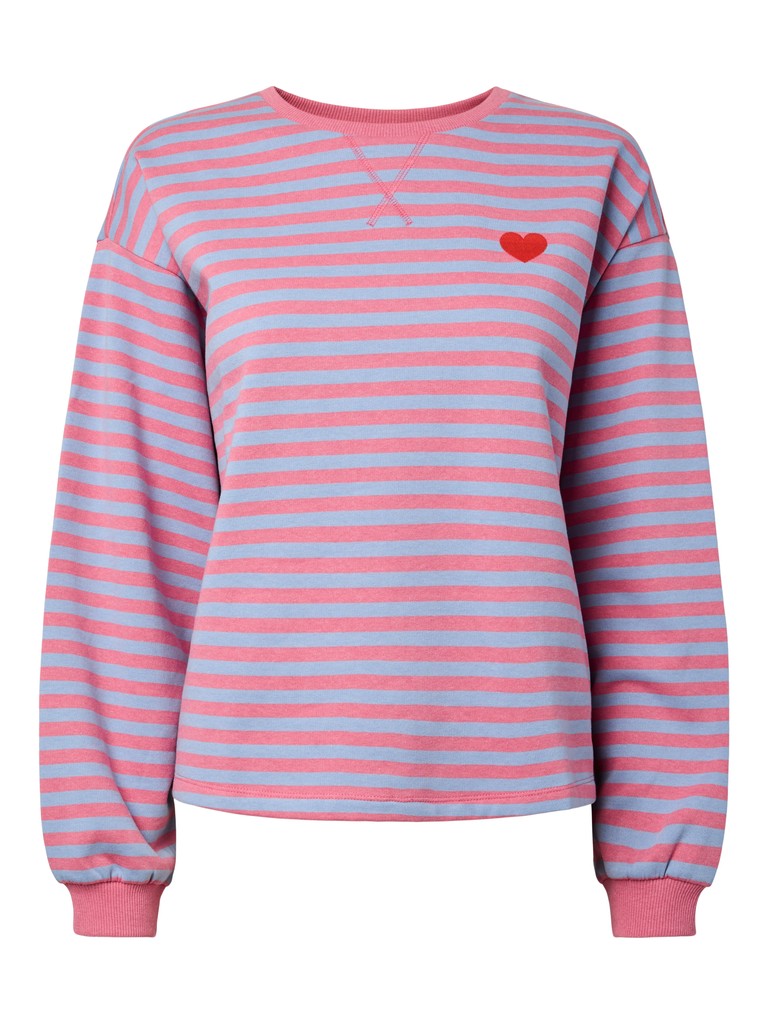 A pink and light blue horizontally striped long-sleeve sweatshirt with a small red heart on the left chest, shown against a plain white background.