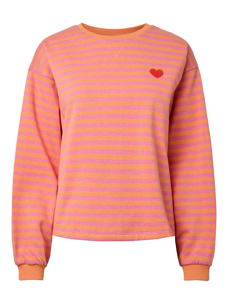 A long-sleeve crewneck sweatshirt with horizontal pink and orange stripes, featuring a small red heart on the left chest, set against a plain white background.