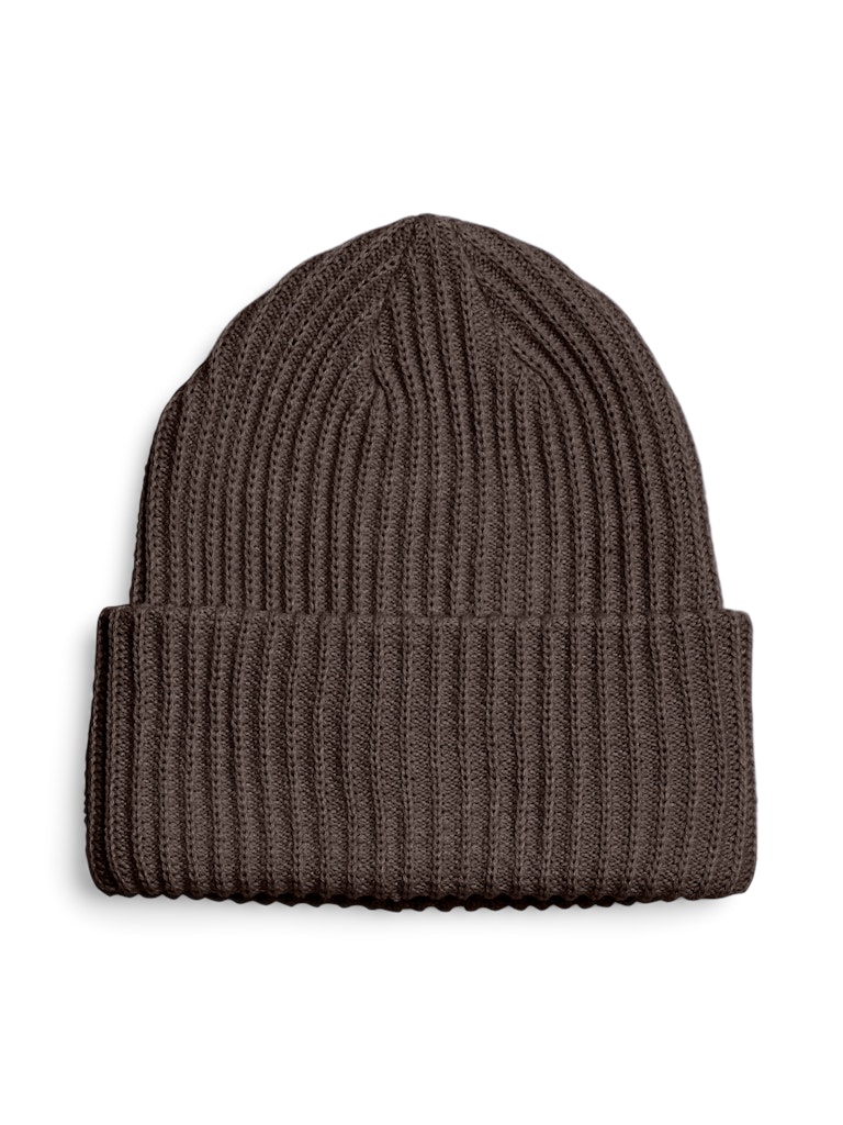 Brown knit beanie on a white background