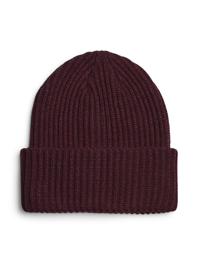 Brown knit beanie on a white background