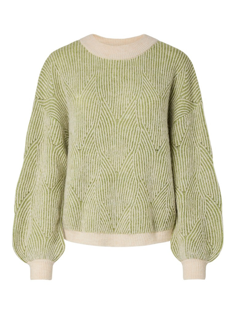 A light green and cream cable-knit sweater with balloon sleeves, shown against a plain white background.