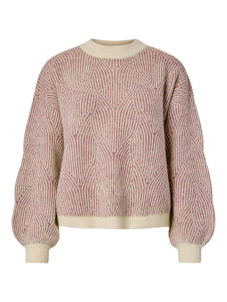 A pink and cream cable-knit crewneck sweater with balloon sleeves, shown against a plain white background.