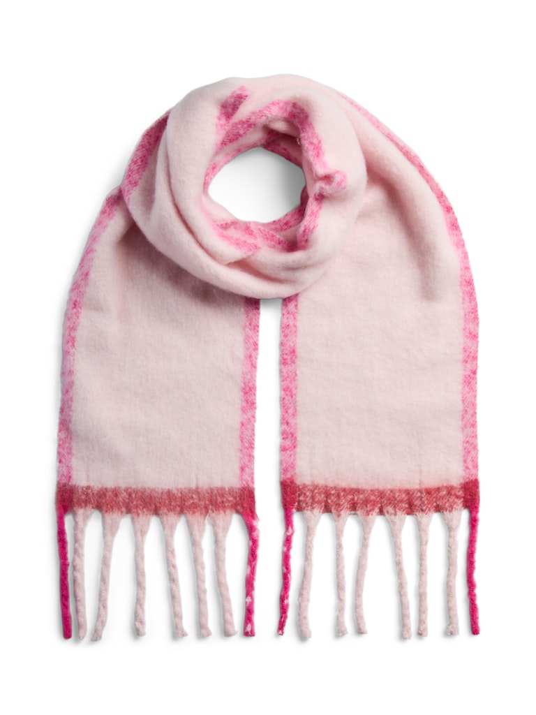 Pink and white plaid scarf with fringes on a white background Pieces Jenny Long Scarf Beetroot/Pink