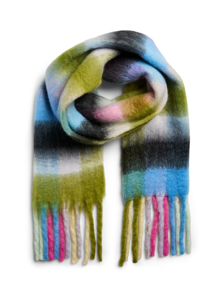 A multicolor striped wool scarf with fringe, featuring shades of green, blue, pink, black, and white, arranged on a plain white background.