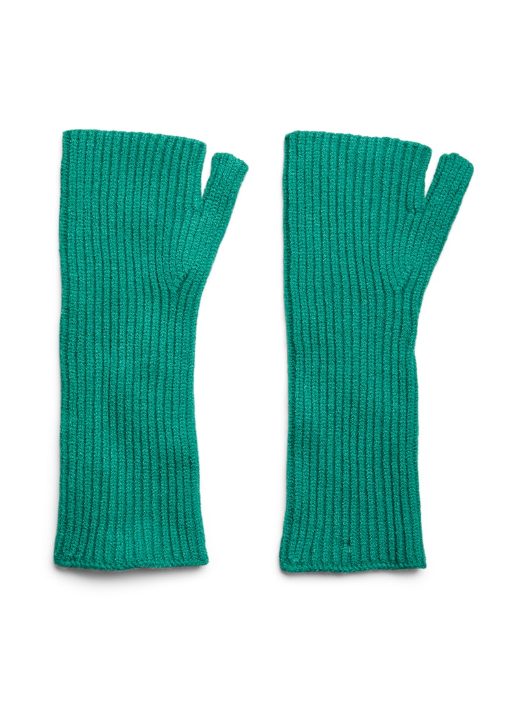 Pair of teal fingerless gloves on a white background
