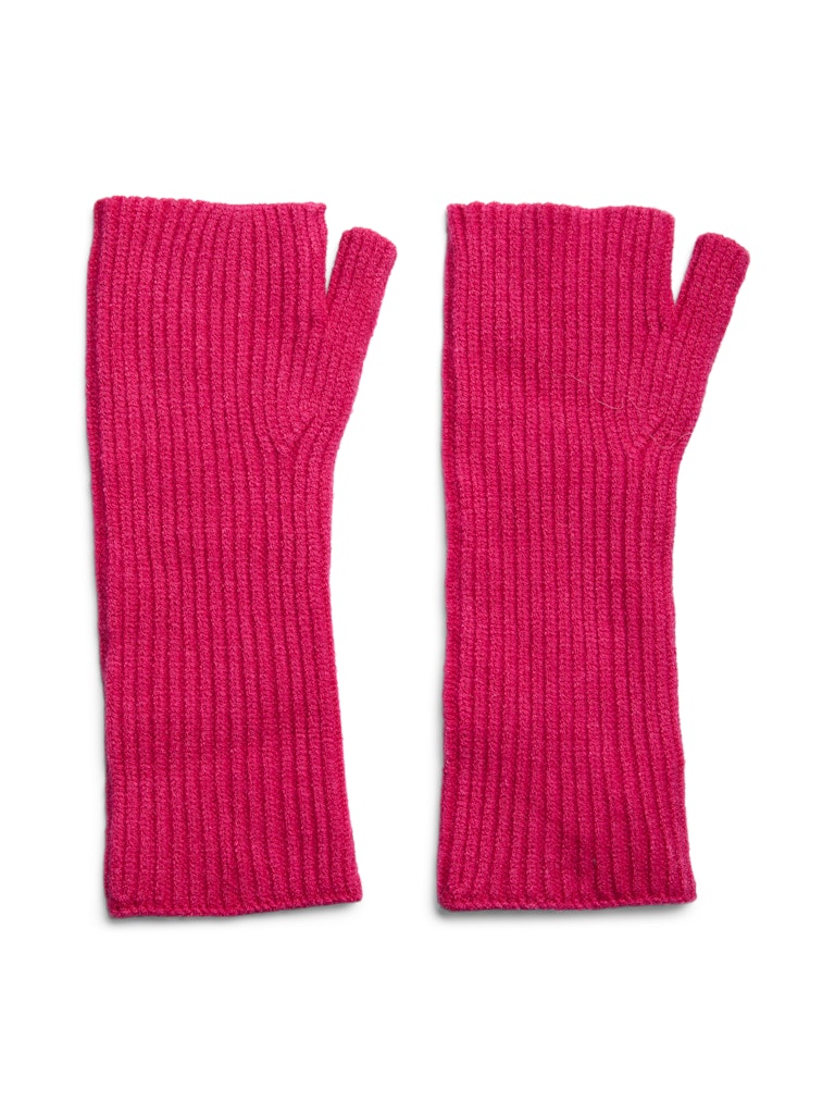 Pair of pink fingerless gloves on a white background