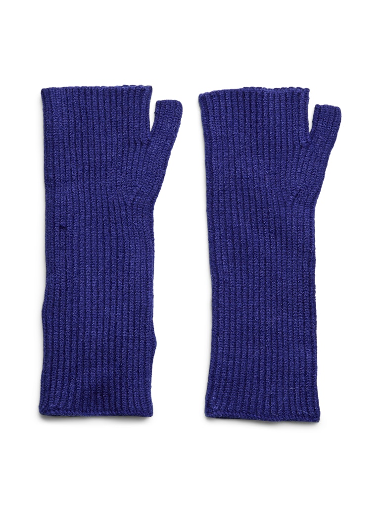 Pair of blue fingerless gloves on a white background
