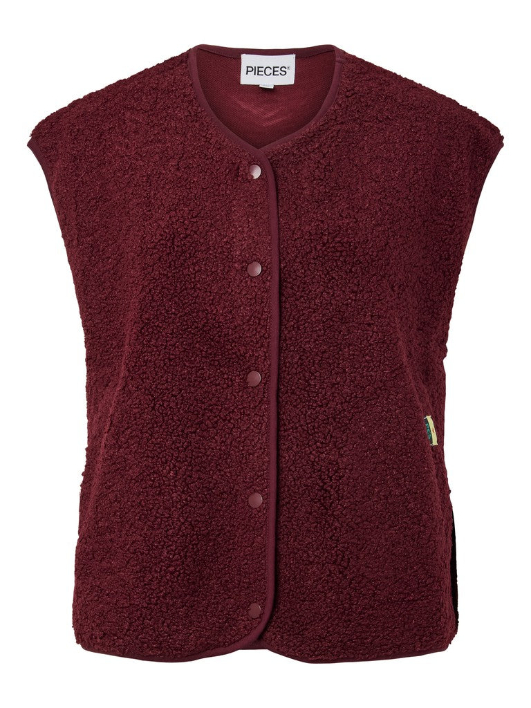 Maroon fleece vest with buttons on a white background