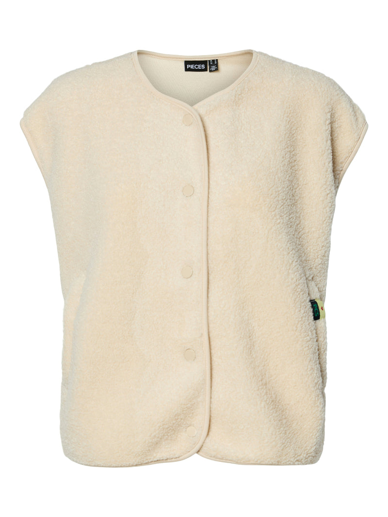 Cream-colored vest with brand label on a white background Pieces Katty Teddy Vest