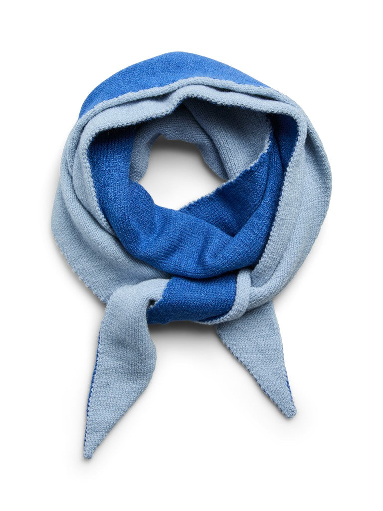 A light blue and royal blue striped scarf, styled in a loop with two pointed ends, on a solid white background.