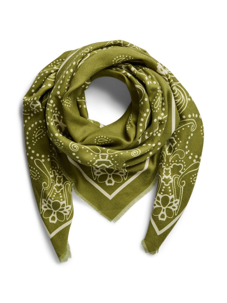 An olive green square scarf with a white paisley and floral bandana pattern, arranged in a loop on a white background.