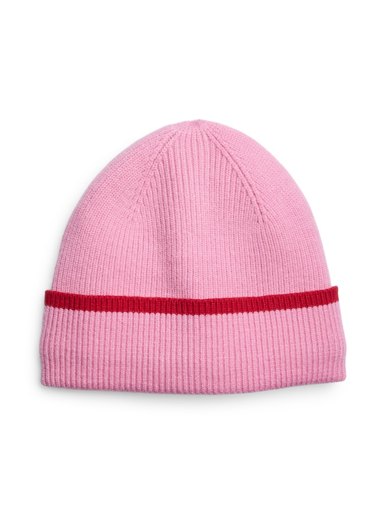 Pink beanie with a red stripe on a white background