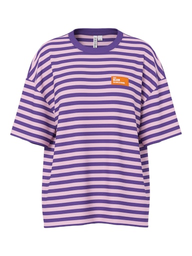 Purple and white striped t-shirt with a small orange label on a white background
