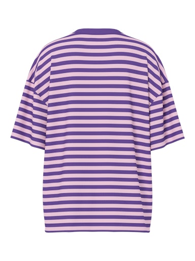 Purple and white striped t-shirt on a white background
