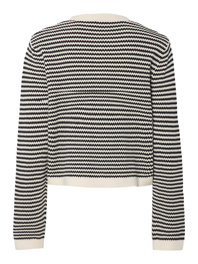 Pieces Olivera Black & White Striped Cardigan on a mannequin against a white background