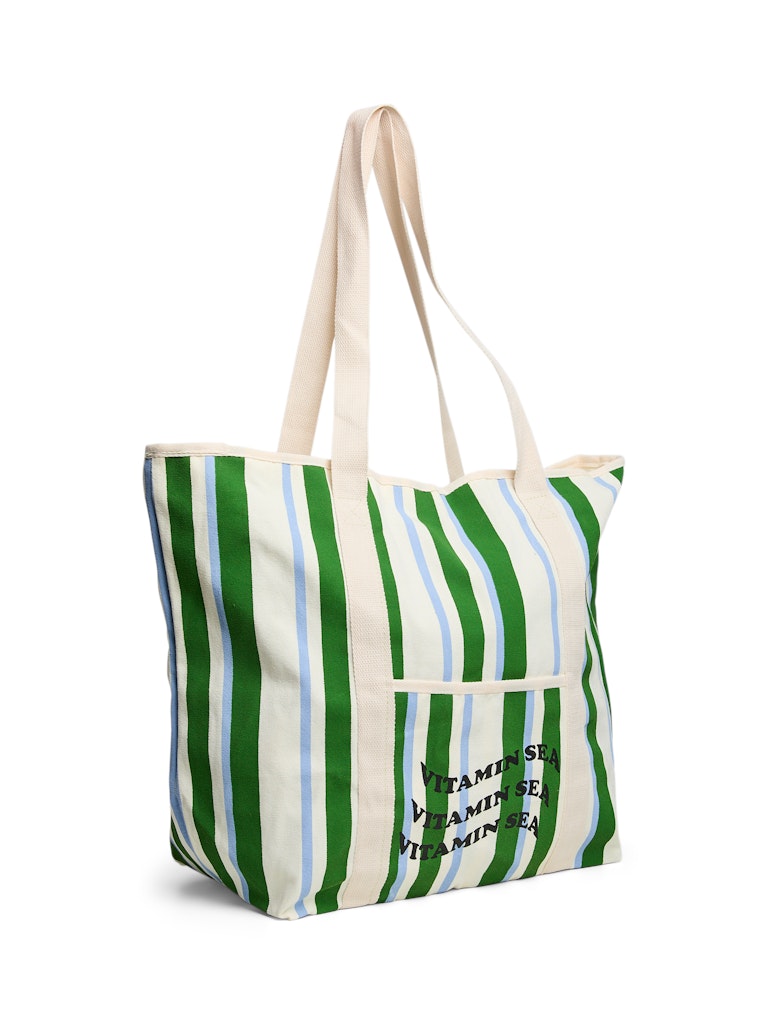 Striped tote bag with green and blue stripes on a white background