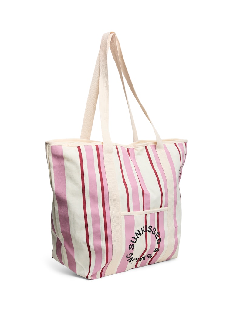 Striped tote bag with 'No Sunnies' text on a white background