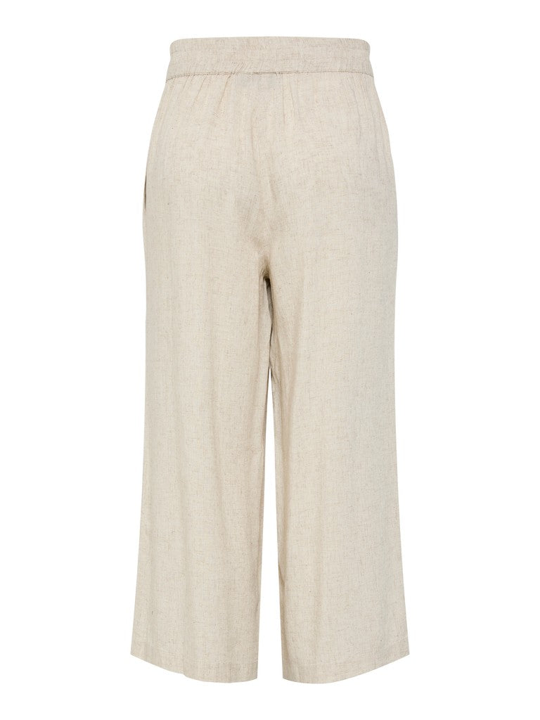 A pair of high-waisted, wide-leg cropped trousers in a light beige linen-blend fabric, shown against a plain white background.