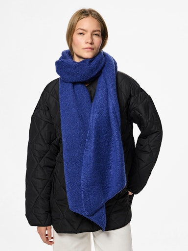 Person wearing a blue scarf and black jacket on a white background