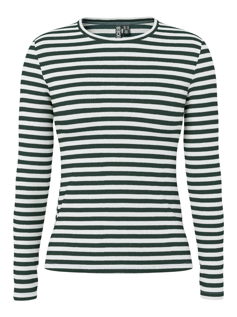Green and white striped long-sleeve shirt on a white background