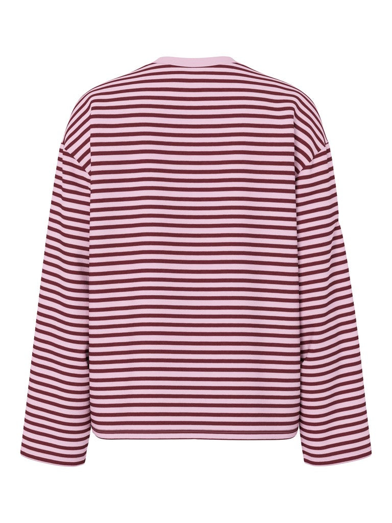 A long-sleeve crewneck top with horizontal burgundy and light pink stripes, shown from the back on a white background.