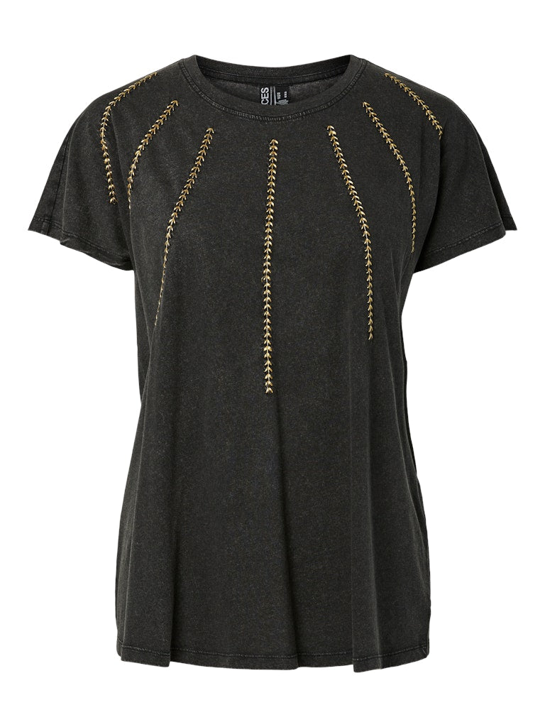 Black t-shirt with gold embroidery on a white background