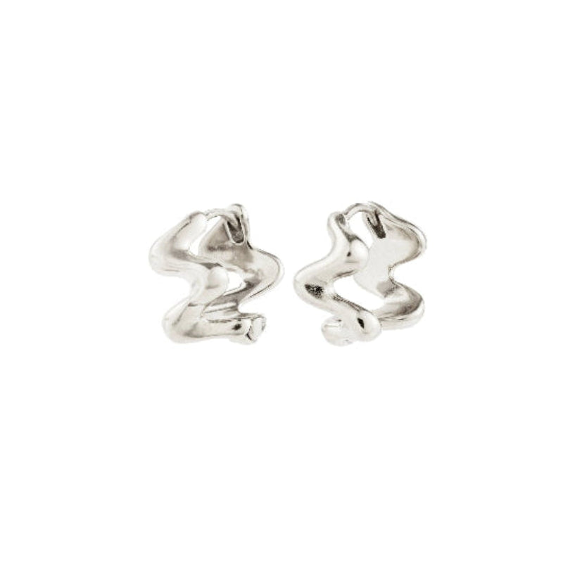 silver wavy earrings on white background