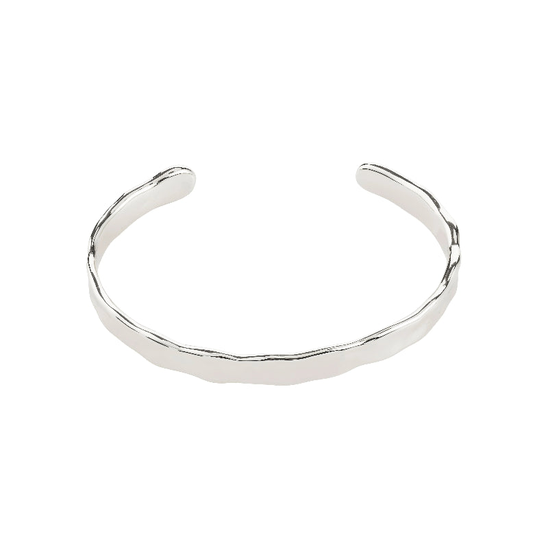 Silver open bangle on a white background