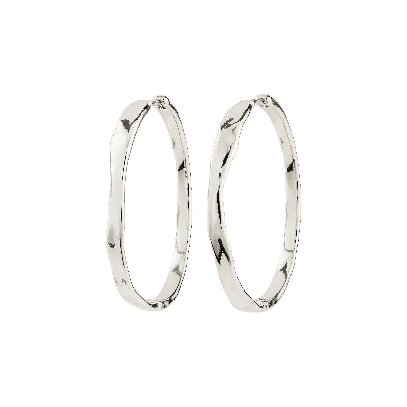 Pair of silver hoop earrings on a white background